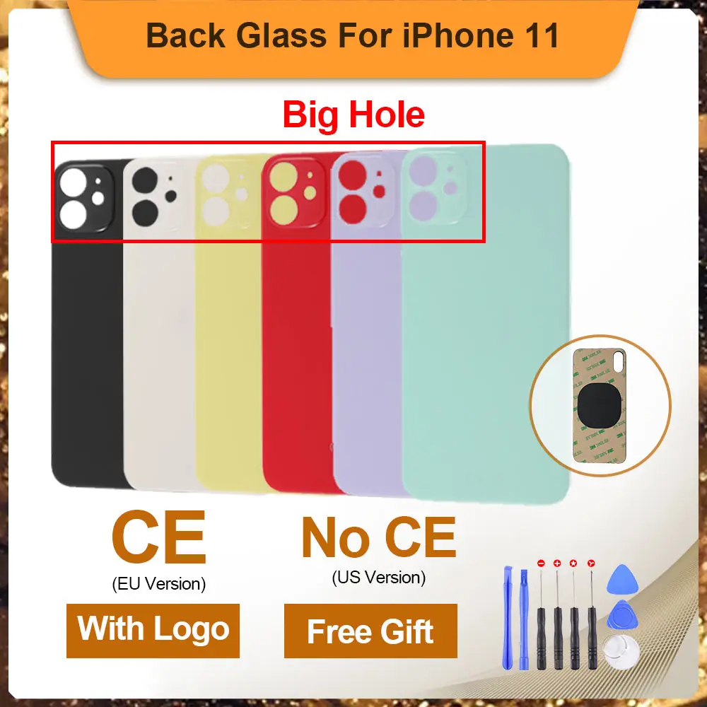 

100% OEM задняя крышка батарейного отсека для iPhone 11, стеклянная панель с большим отверстием, задняя крышка корпуса, запасные части с наклейкой