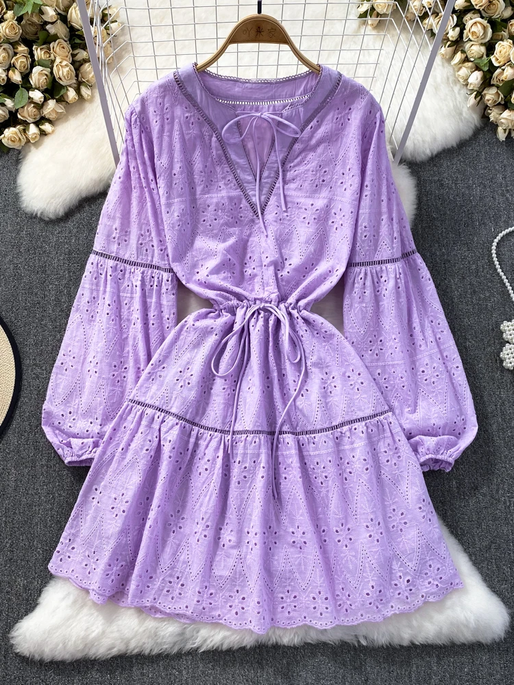 

FMFSSOM New Vintage Spring Summer Solid Slim Full Lady Dress A Line V Neck Chiffon Pullover Mid-Calf Women Dresses