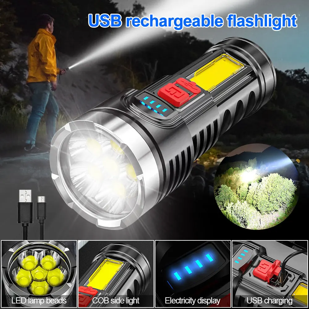 

Portable Led Strong Light Flashlight High Power Torch light Rechargeable 4 Gears with COB Side Flashlight USB Camping Lamp