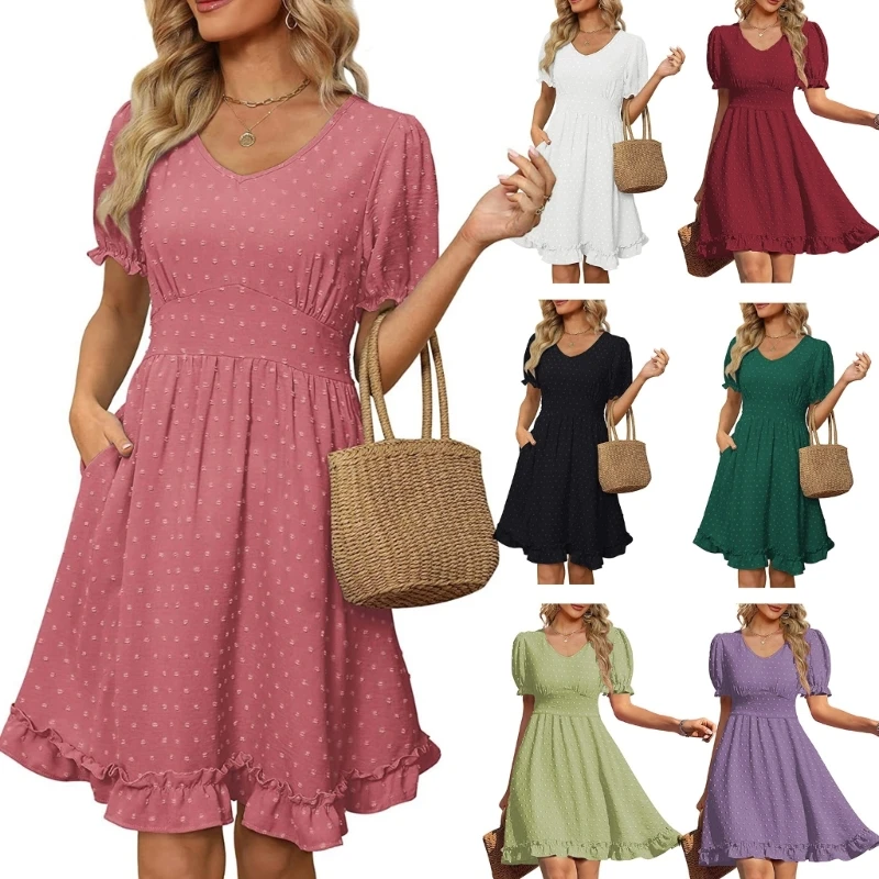 

50JB Women V-Neck Shirred Elastic Waist Pleated Swing Midi Dress Summer Short Puff Sleeve Swiss-Dot A-Line Dress with Pockets