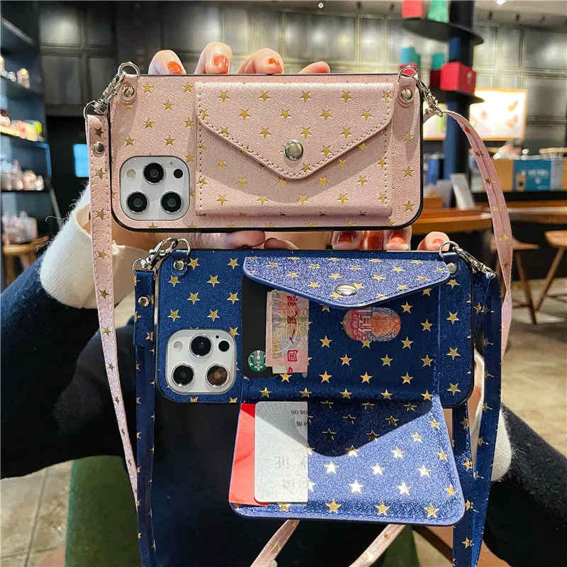 

Phone Case For iPhone 13 Pro Max Luxury Golden Stars Wallet Shoulder Strap 12 Mini 11 XS SE XR X 7 8 Plus Leather Pocket Cover