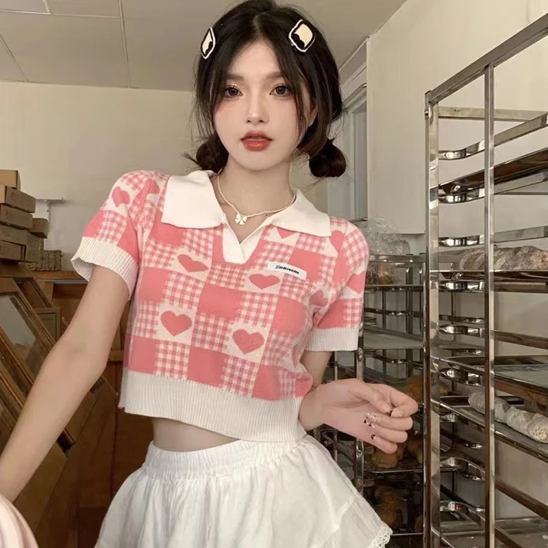

Korean T-shirt Knitted Slim Sweet Turn-down Collar Plaid Love Graphic Preppy Style Pullover Summer Women Tops