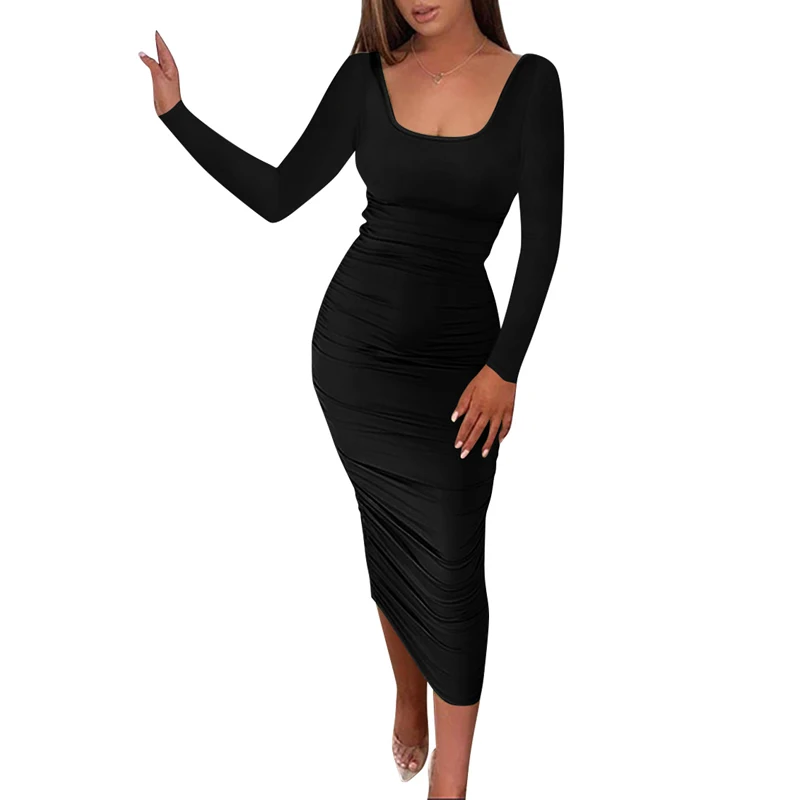 

Вечернее элегантное платье миди с рюшами и длинным рукавом, женское облегающее платье с квадратным вырезом, осень 2022, Клубная одежда, облега...