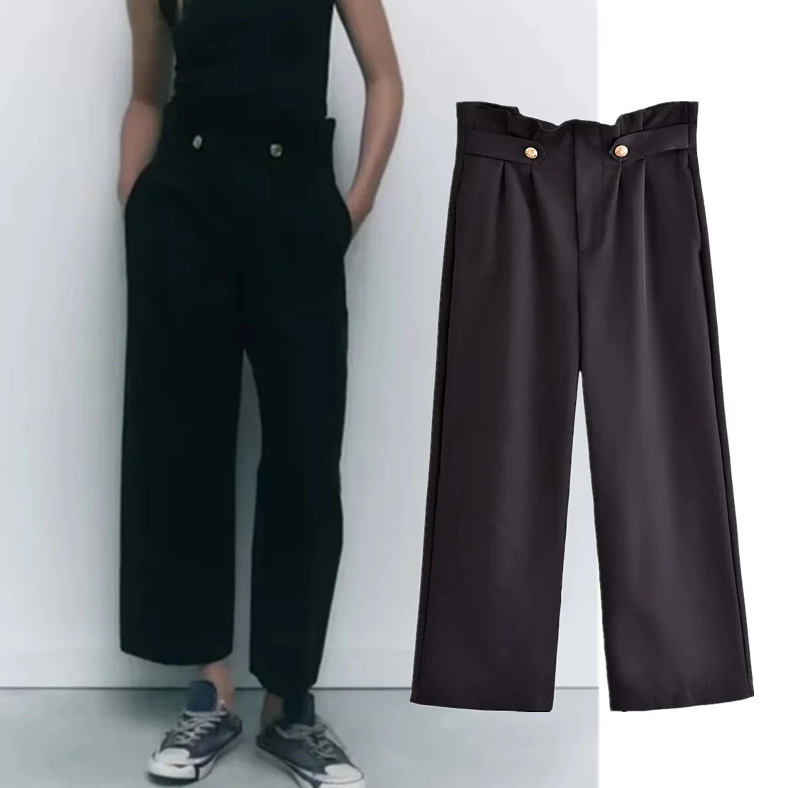 

Elmsk England Style Casual Trousers High Street Black High Wasit Pleared Straight Loose Ankle Pants Women