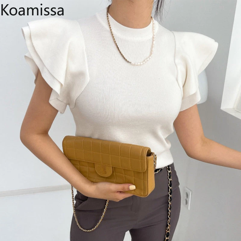 

Koamissa Fashion 2023 New Summer Knitted Pullovers for Women Short Sleeves O-neck Ladies Solid T-shirt Chic Korean All Match Top