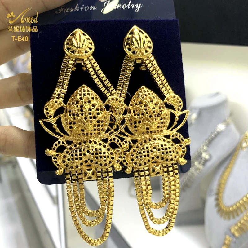 Купи ANIID Dubai Long Earrings For Women 24K Gold Color African Golden Earrings Gold Plated Bridal Nigerian Jewelry Wedding Party за 379 рублей в магазине AliExpress