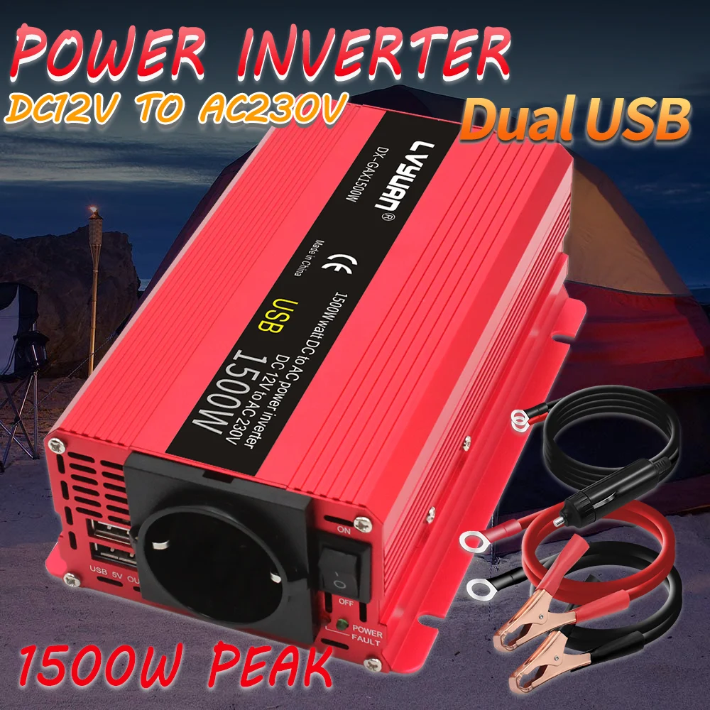 

1500W/2000W/2600W DC 12V to AC 220V Power Inversor 2USB Portable Charger Adapter Converter Cigarette Lighter Plug Car Inverter