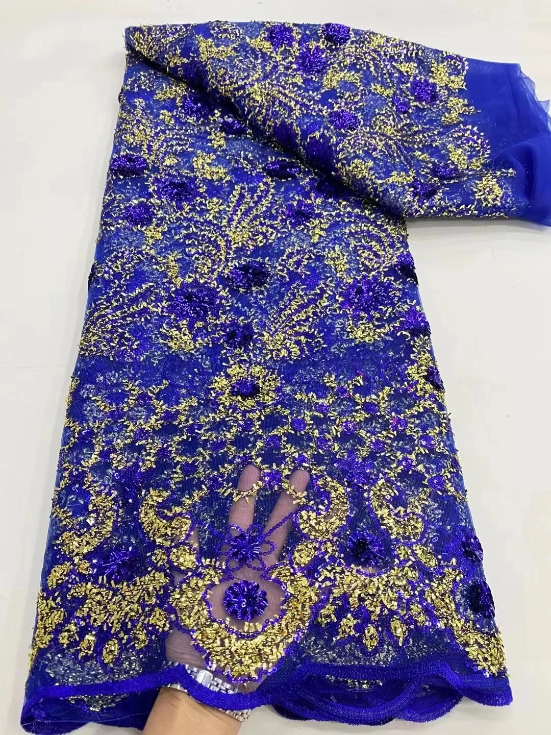 

Latest Royalblue African Lace Fabric 2023 With Sequins High Quality Embroidery For Women Wedding Party Dress Mesh Fabric 5 Yards