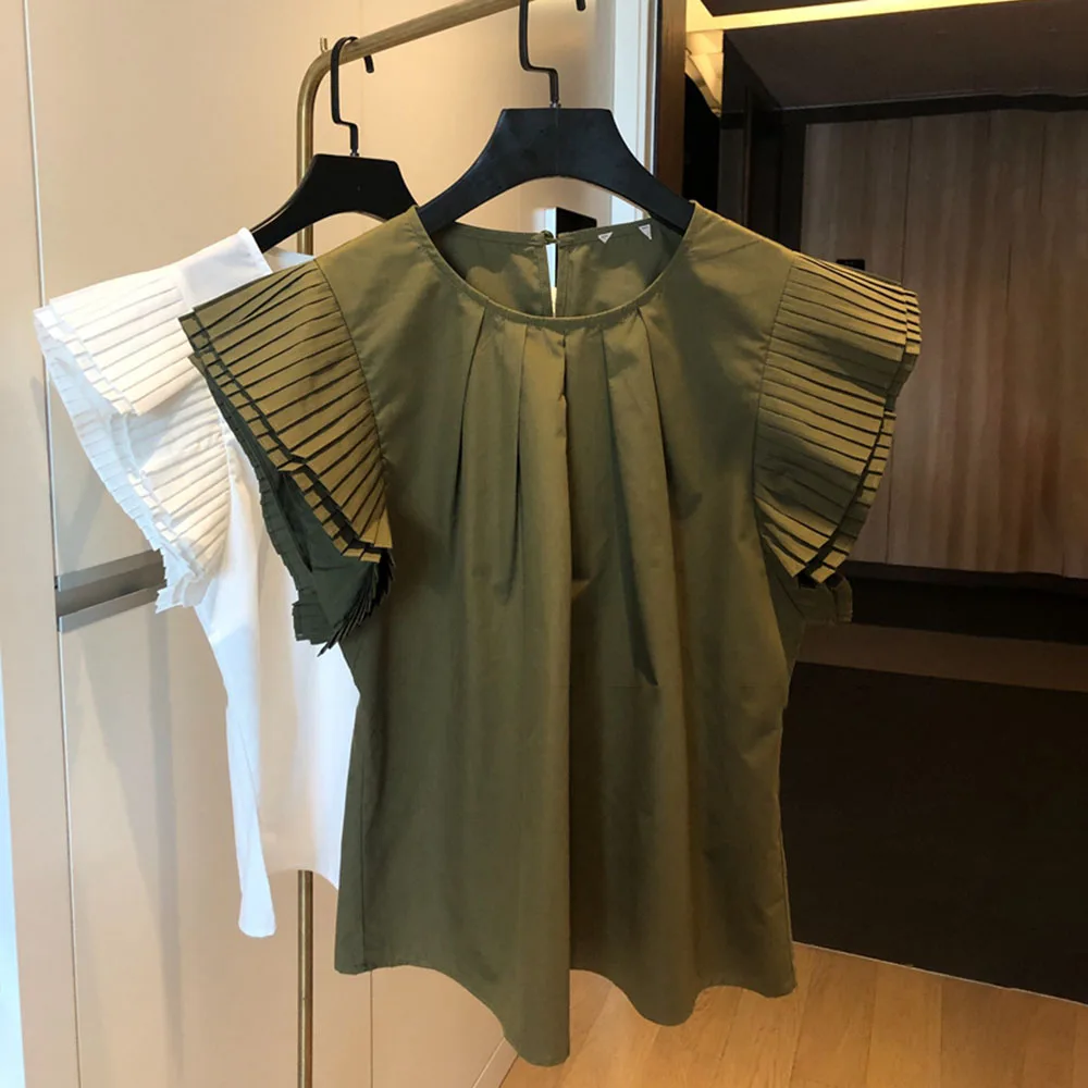 

Pleated Patchwork Ruffles Women Casual Blouse Green Summer Fashion Simple Office Lady Shirt Korean Preppy Style Streetwear Tops