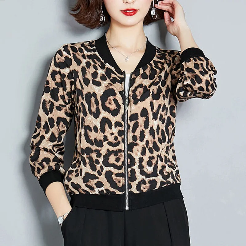 

Casual Leopard Print Jacket Women Spring Summer Zipper Chiffon Coat Outerwear Three Quarter Sleeve Top Chaquetas Mujer