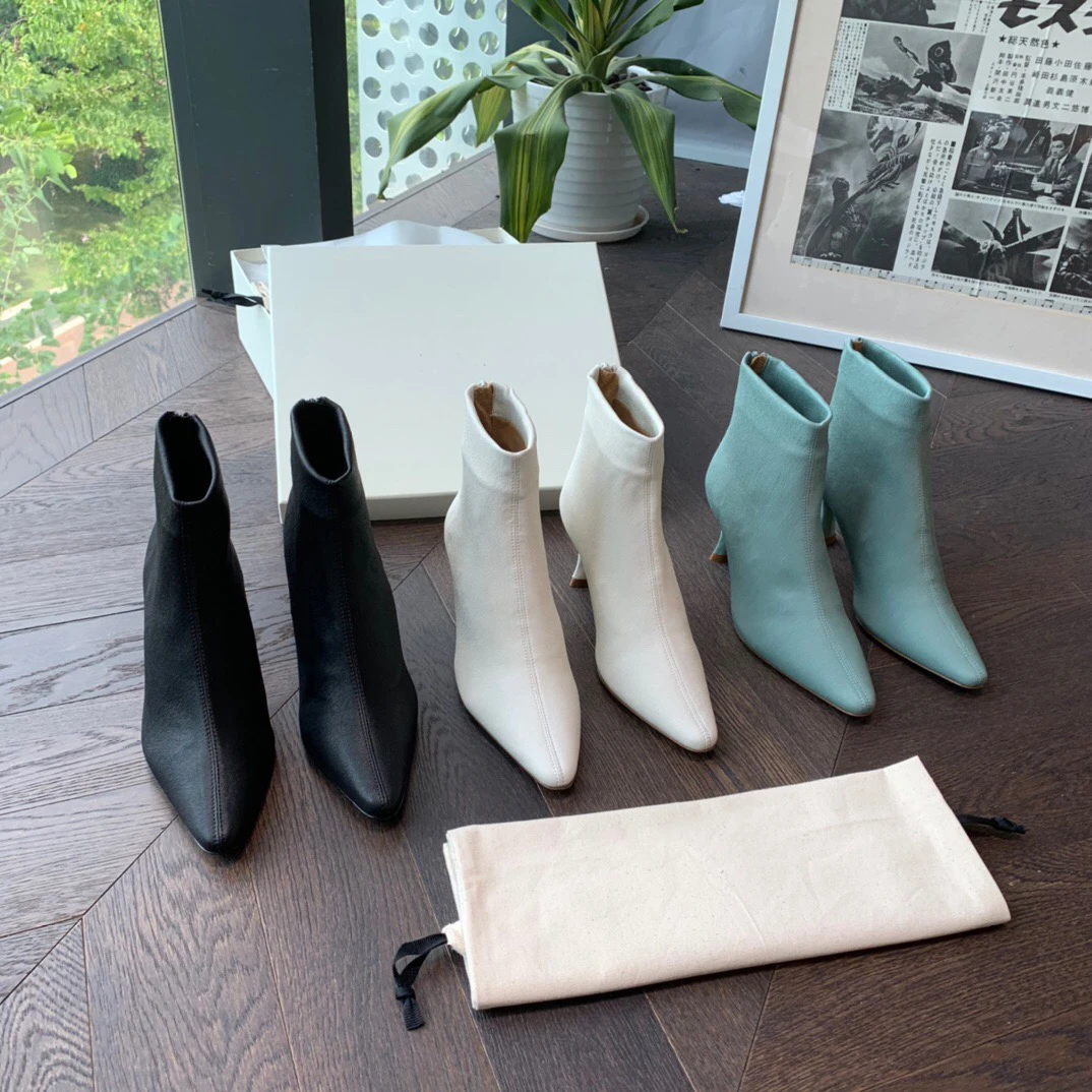 

Original Single Women's Shoes Niche Leather Short Boots Sheepskin and Bare Boots Stiletto High Heel Pointed Toe Thin Boots