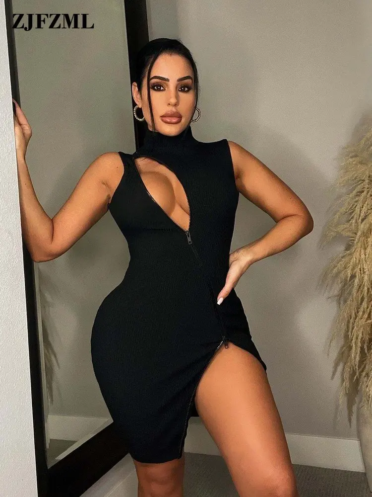 

Spring Summer Elastic Ribbed Skinny Mini Dress Women Zipper Front Chest Hollow Dresses Simple Side Split Backless Slim Fit Dress