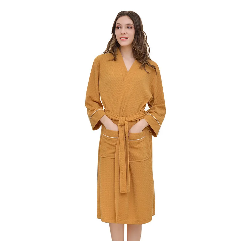 Waffle Unisex Bathrobe Cotton Spring Summer Three Quarter Sleeve Women Dressing Gown Solid Couple Robes With Sashes Bath Robe