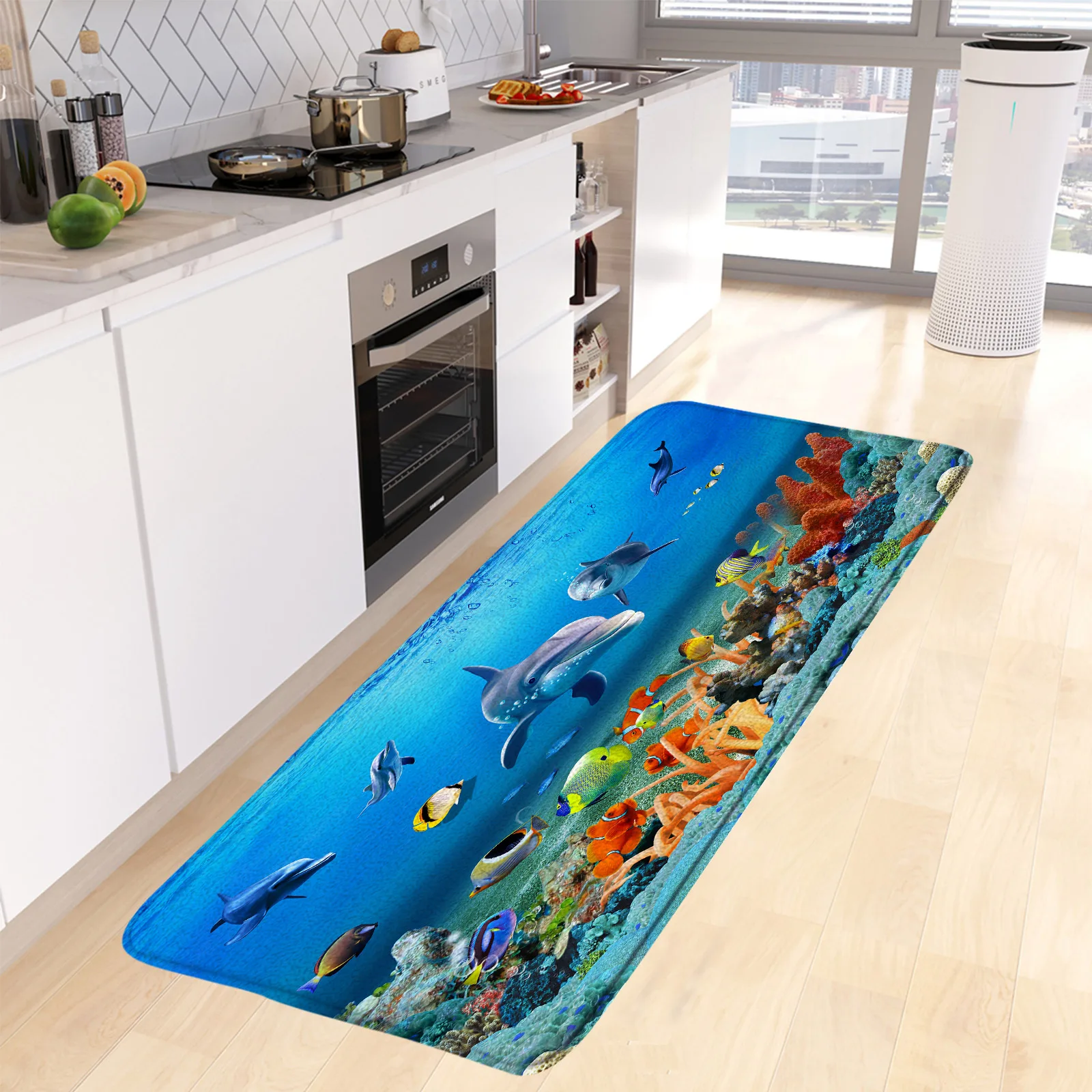 

Funny Dolphin Kitchen Mat Tropical Fish Coral Underwater Landscape Children Bedroom Long Carpet Home Decor Non-slip Rug Bath Mat