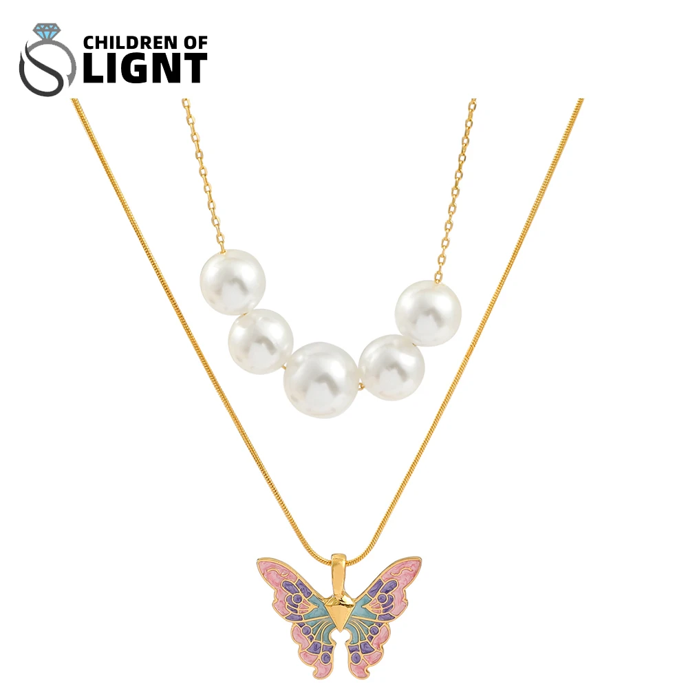 

Personality Coloured Enamel Jewelry Vintage Fashion Butterfly Necklace Gold Plated Choker Pearl Multilayer Necklace Bohemian