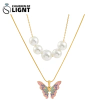 personality coloured enamel jewelry vintage fashion butterfly necklace gold plated choker pearl multilayer necklace bohemian