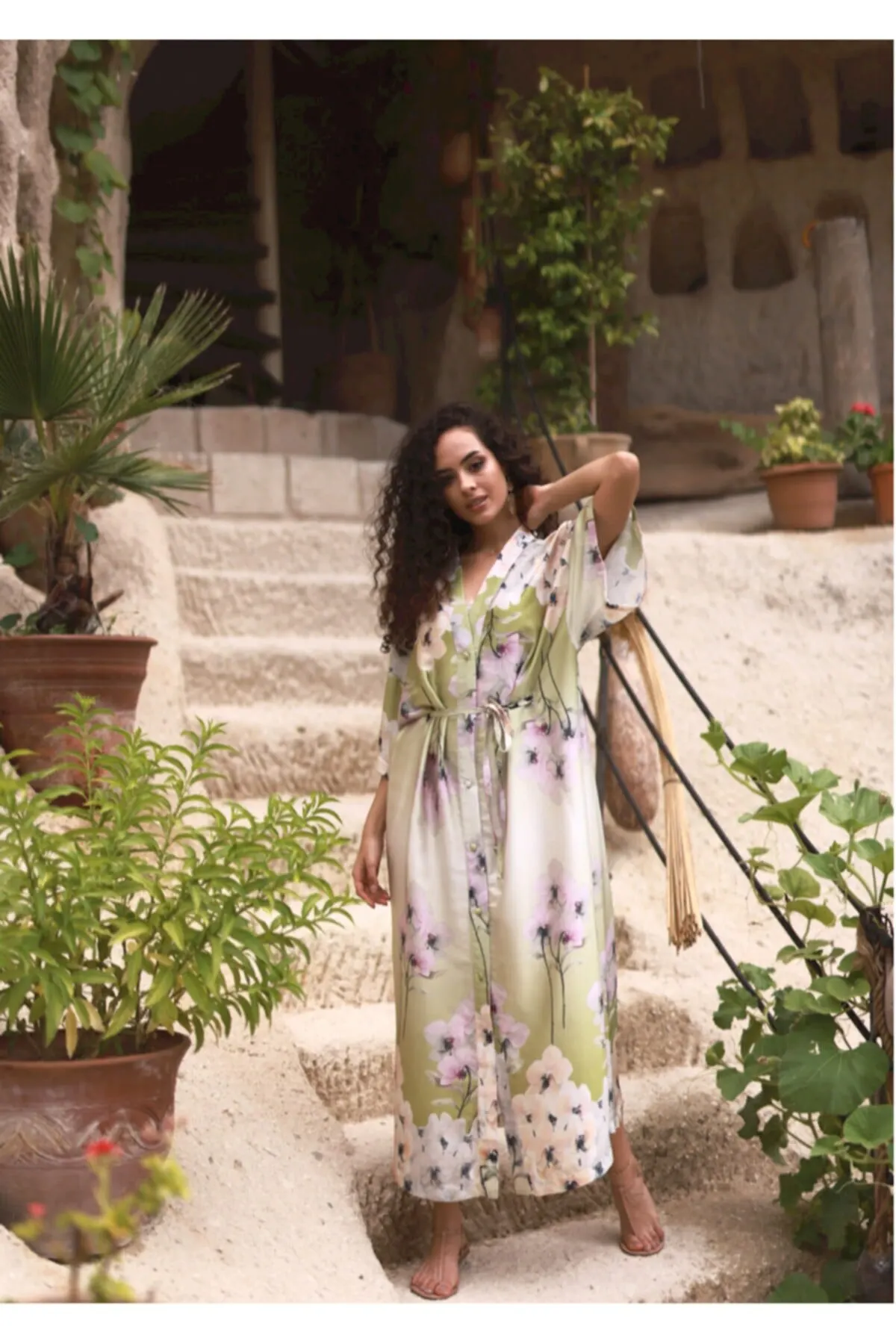 

Women's Kimono Floral Patterned Light Khaki Satin Caftan Dress Fashion Dressing Gown Gown Gown Bathrobe Dress Summer 2022