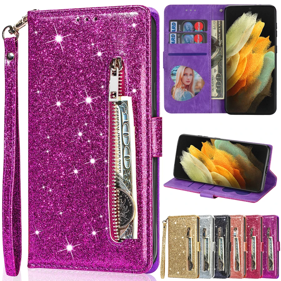 Fashion Glitter Card Slots Wallet Flip Leather Case For Samsung S23 Ultra S22 S21 Plus S20 FE S10 S9 S8 Note 20 Ultra 10 9 8