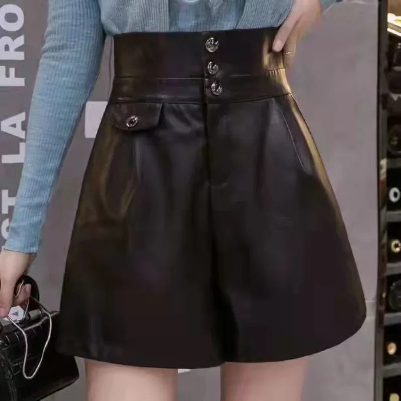 Черные шорты из искусственной кожи для женщин зимние мешковатые брюки с высокой