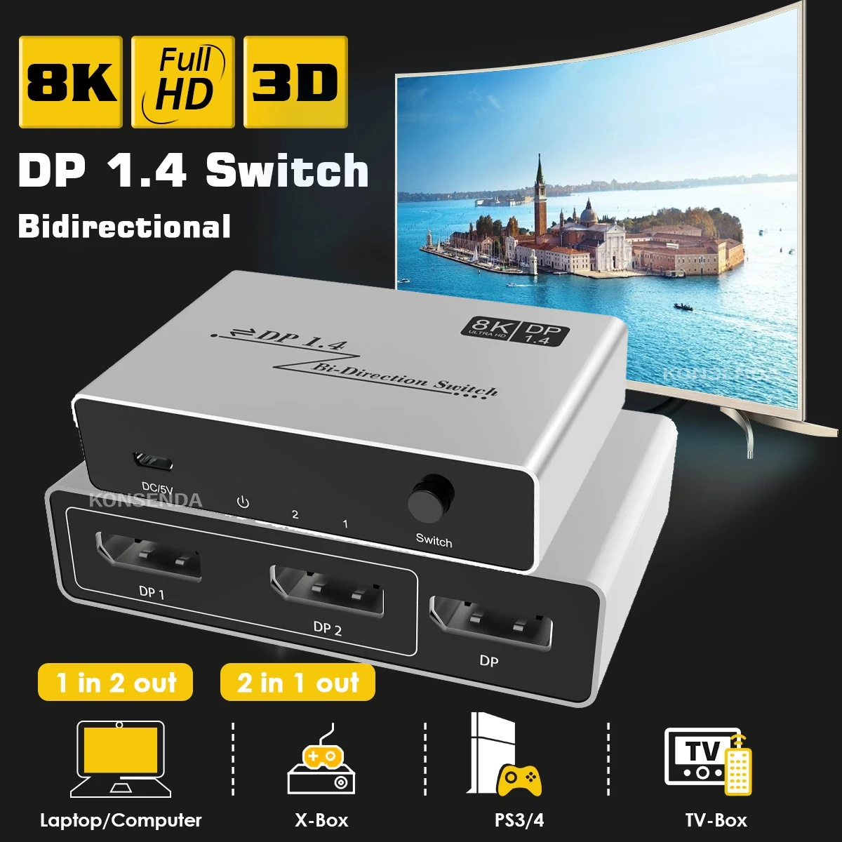 Двунаправленный выключатель Displayport 1,4 2 в 1, 2x1/1x2 8K 60 Гц, HDR DP переключатель, разделитель порта дисплея