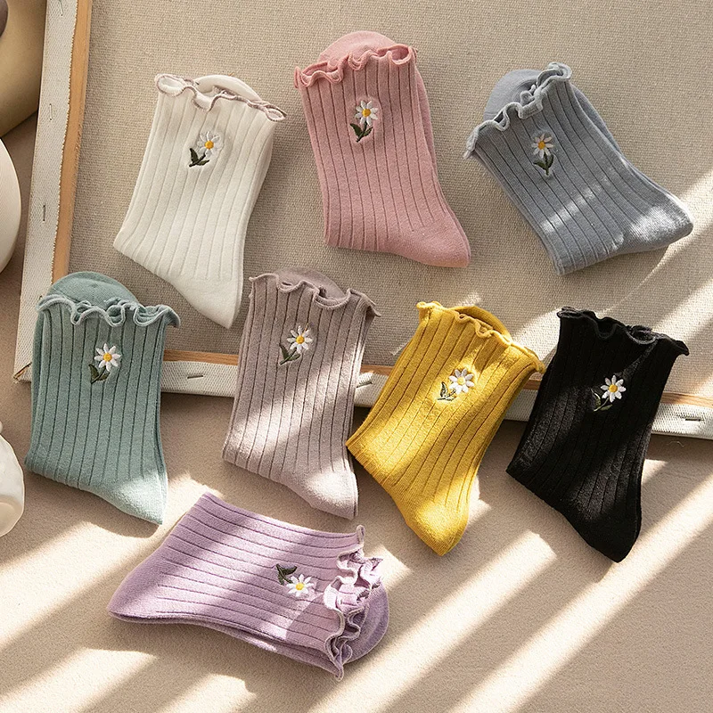 Spring Cotton Sweet Lace Socks Women's Socks Fashion Versatile Ear Edge Flower Socks Embroidery Japanese Kawaii Stacked Socks