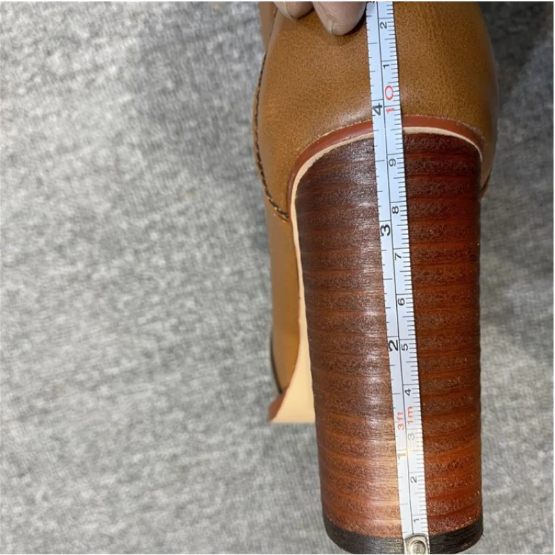 2023 European and American High Heeled Long Tube Square Heel Genuine Leather Women's Boots Round Toe Cowhide Super High Heels