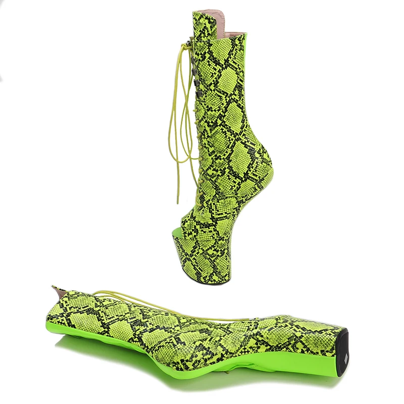 Leecabe Green Snake PU Upper Platform Open Toe  Boots Sexy Exotic heelless pole dance shoes