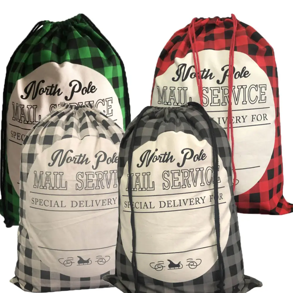 

1pcs Large Drawstring Linen Bag Plaid Print Christmas Gift Pouch Candy Apple-Bag Soft Cloth Packing Ornaments Festival Gifts Bag