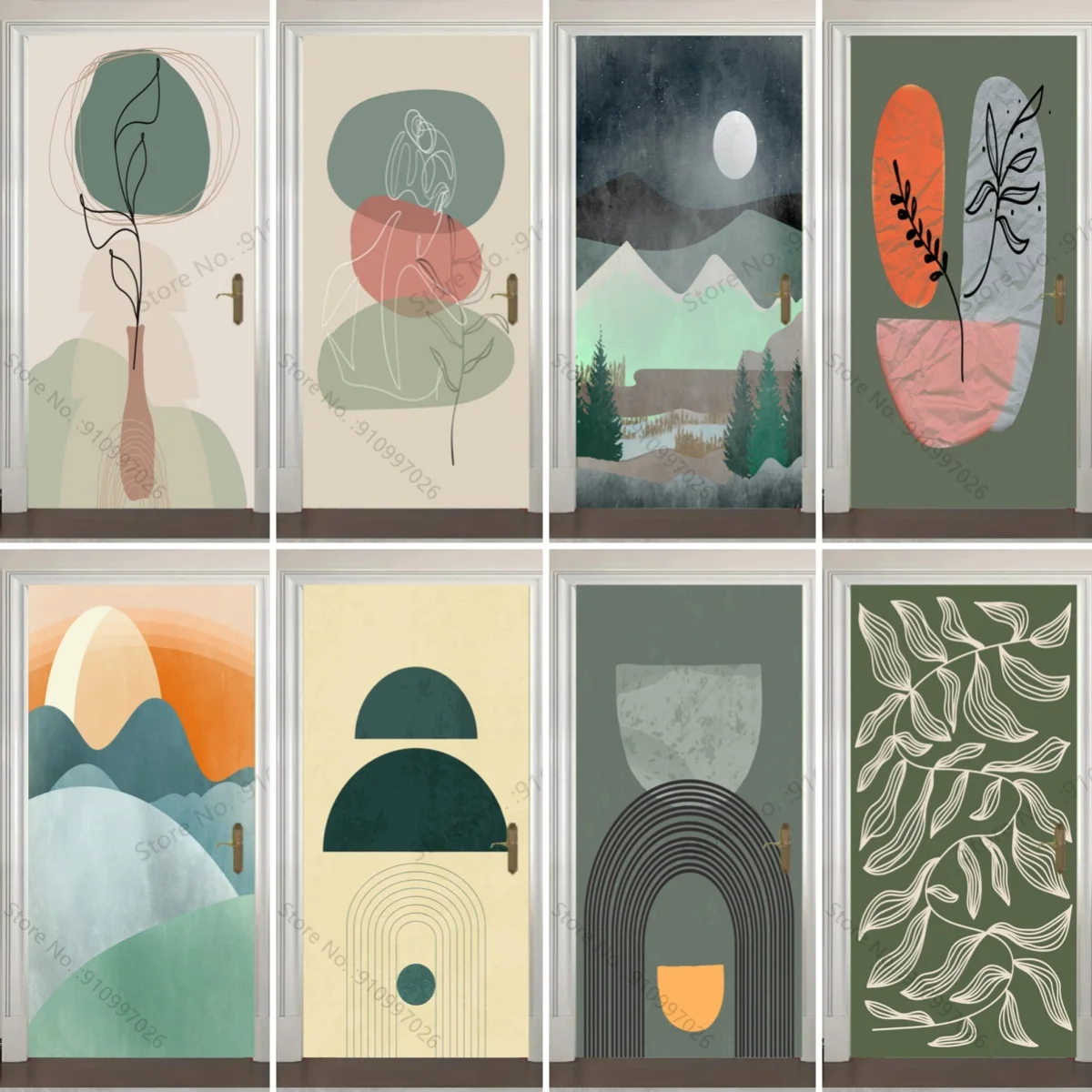 Наклейка на арочную дверь самоклеящаяся ПВХ бохо пейзаж солнце гора абстрактные