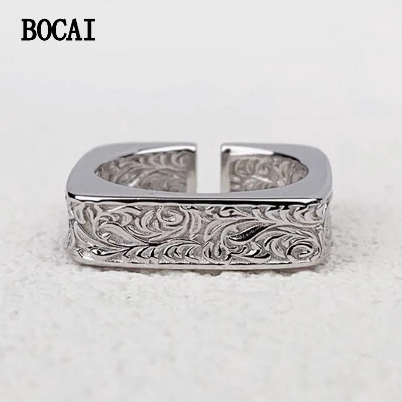 

BOCAI NEW S925 Silver Retro Luxury China-Chic Style Wide Version Tang Grass Pattern Ring Male And Female Gift