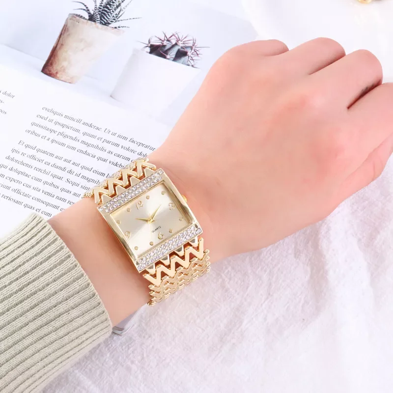 

Shipping New Hot Selling Square Wrist Watches for Women Stainless Steel Gold Female Watch Diamond Wristwatch Wrist Watch