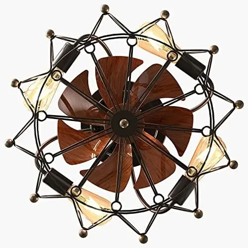 

Low Profile Caged Ceiling Fan with Lights Remote Control Include Bulbs 6 Speeds Reversible Blades Flush Mount Small Farmhouse Mo