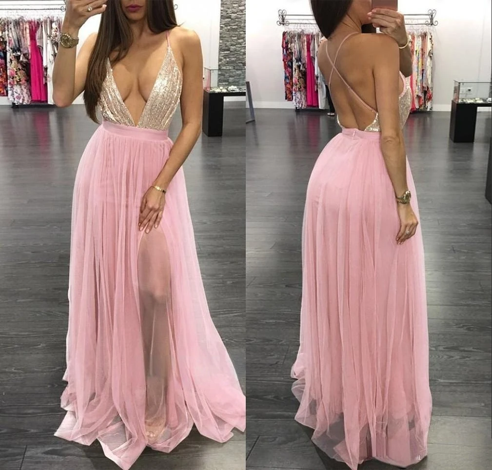 

Sexy Deep V Neck Prom Dress Hot Black Girl Sequibed Spaghetti Oped Back A-line Evening Dresses Formal Party Bridesmaid Gown