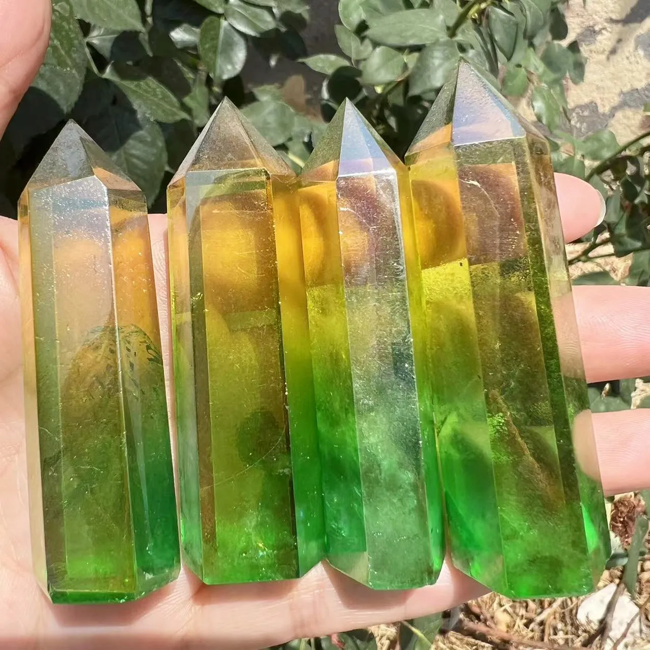 

4pcs Natural crystal quartz crystal specimen obelisk quartz crystal wand point electroplating Double color aura Titanium coating