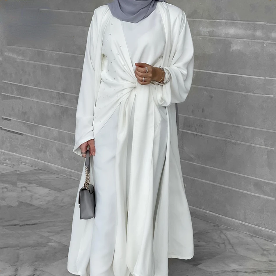 

Новинка 2022, роскошная абайя для женщин, мусульманское платье, Дубай, однотонный, жемчужный, на шнуровке, костюм из 2 предметов, мусульманская одежда, Турецкая одежда