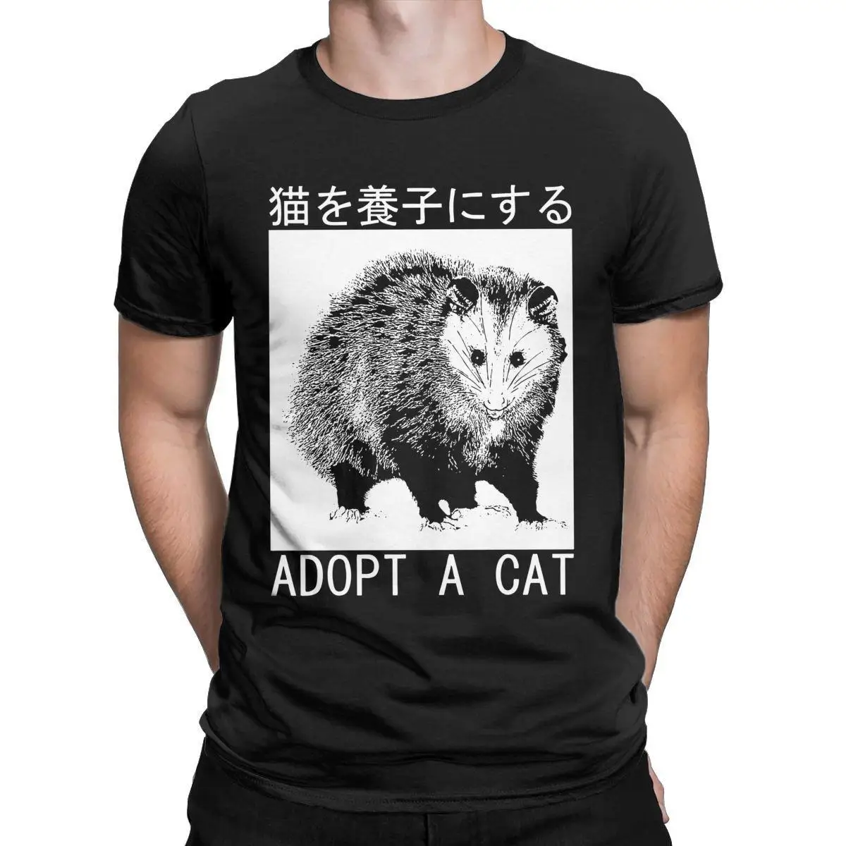 Adopt A Cat Opossum Japanese T-Shirts Men Novelty 100% Cotton Tee Shirt Crewneck Short Sleeve T Shirt Classic Tops