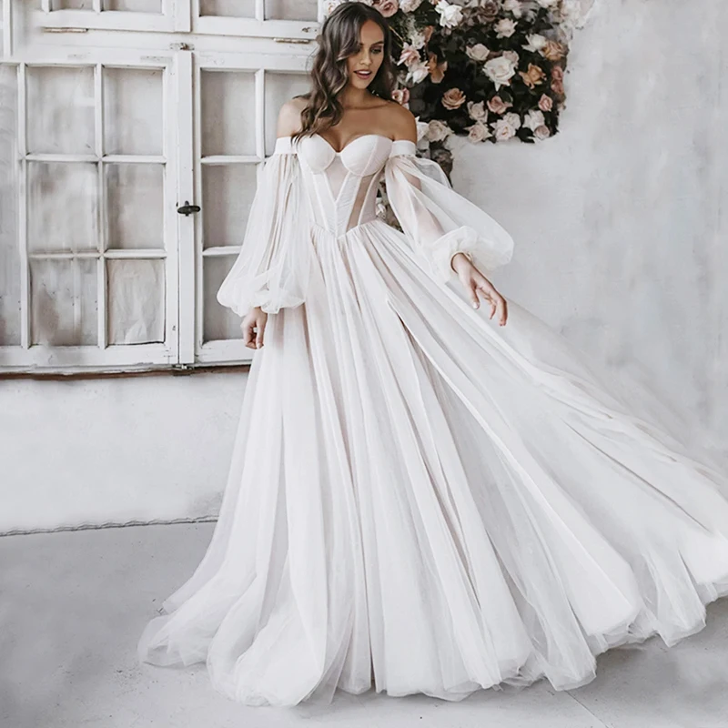 

2022 Sweetheart Neck Detachable Puff Sleeves Tulle A-Line Wedding Dress Backless Pleat Long Train Robe De Mariée Custom Made
