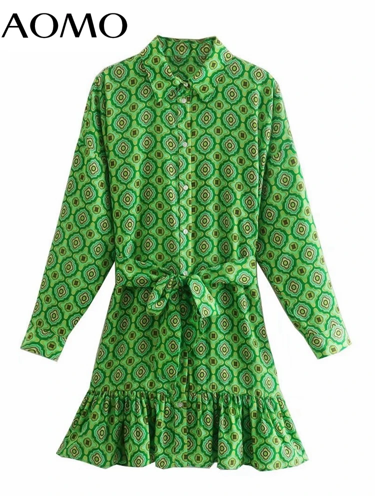 

Женское платье-рубашка с поясом, длинным рукавом и оборками