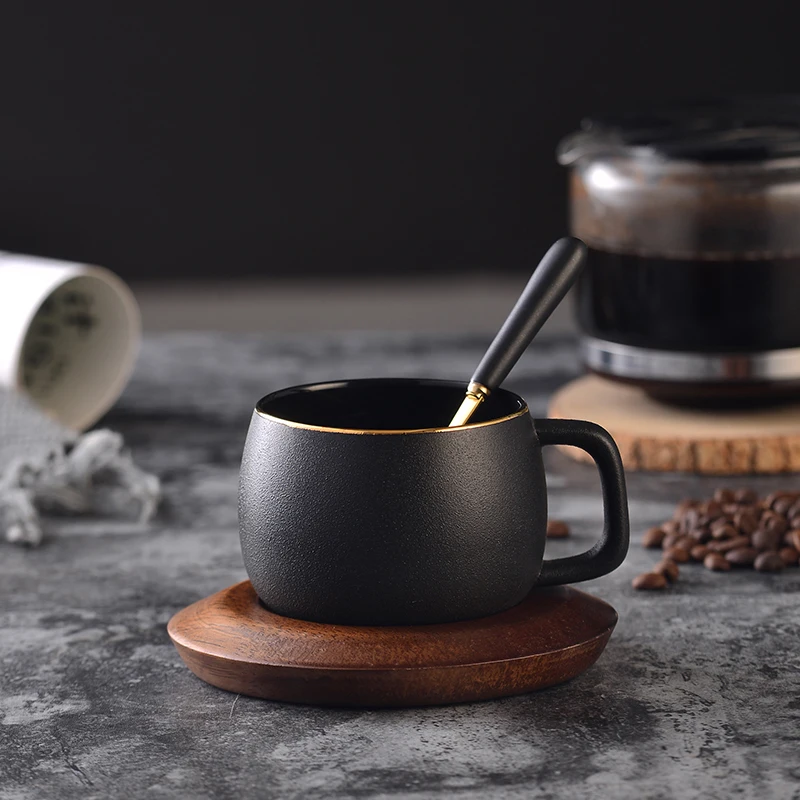 

Ceramic Cup Creative Black Frosted Rough Surface Coffee Cup and Wooden Saucer Set Simple English Afternoon Black Tea Cup
