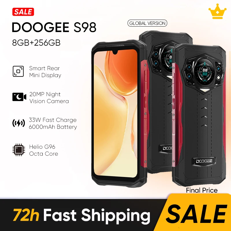 

DOOGEE S98 Rugged Phone Helio G96 Octa Core 6.3"LCD FHD+ 8GB 256GB 64MP Camera 20MP Night Vision Camera 6000mAh Battery NFC