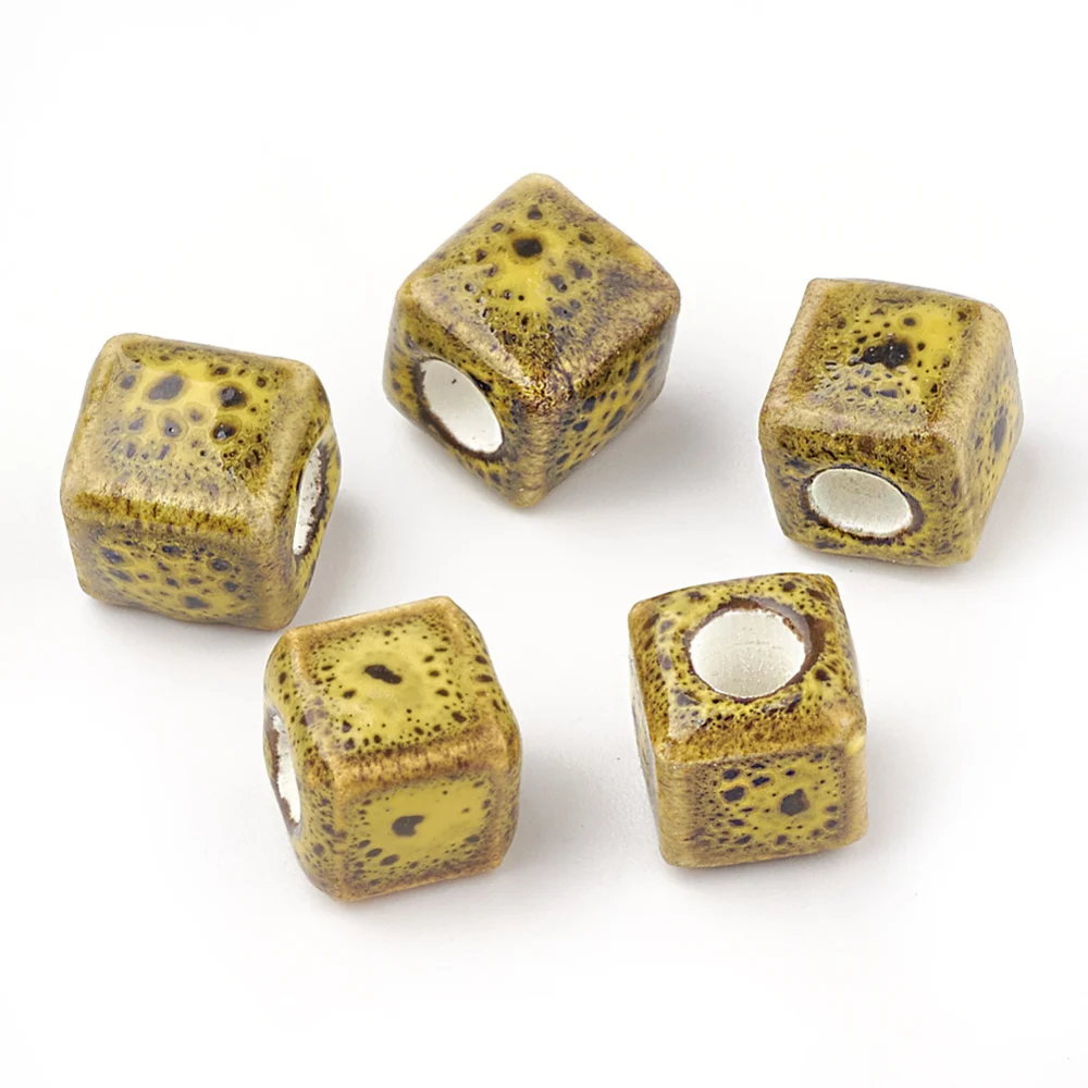 

200PCS Handmade Porcelain Beads Fancy Antique Glazed Style Cube Yellow 9.5~10x9.5~10x9.5~10mm Hole: 4mm