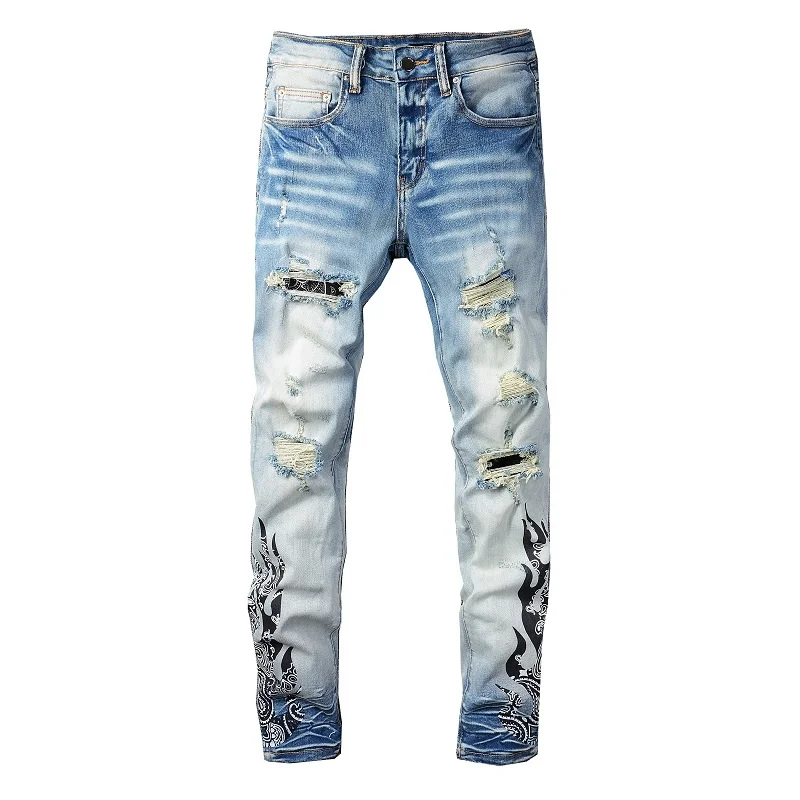 

Men Paisley Bandana Print Denim Jeans Streetwear Flame Patch Patchwork Stretch Pants Holes Ripped Distressed Tapered Trousers