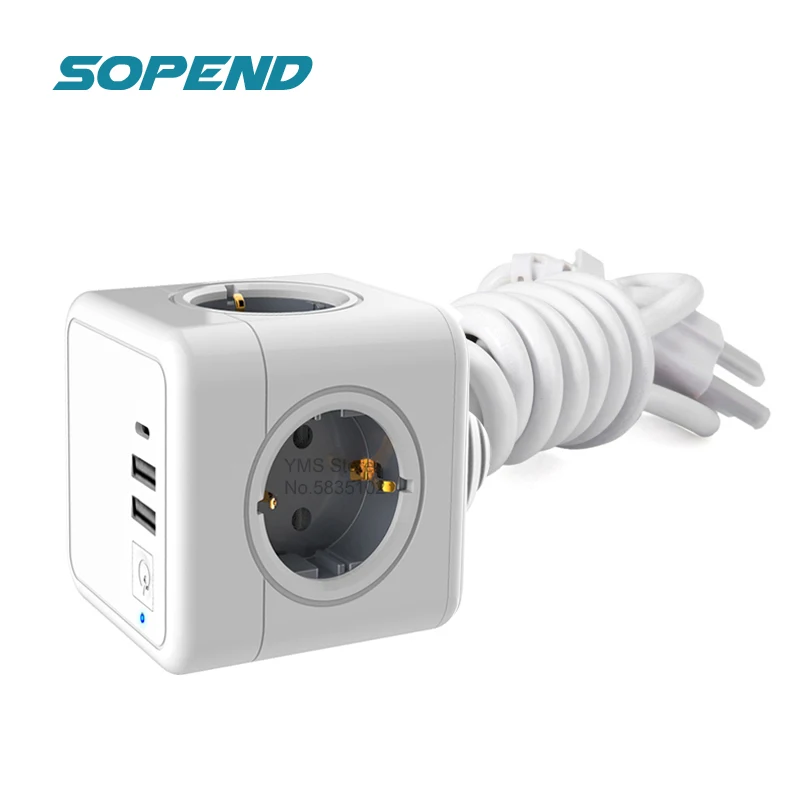 Sopend PowerCube Socket Power Strip EU Plug Wall with 4 Outlets 2 USB One Switch Type C Ports 1.5m Extension Cable Multi Charger