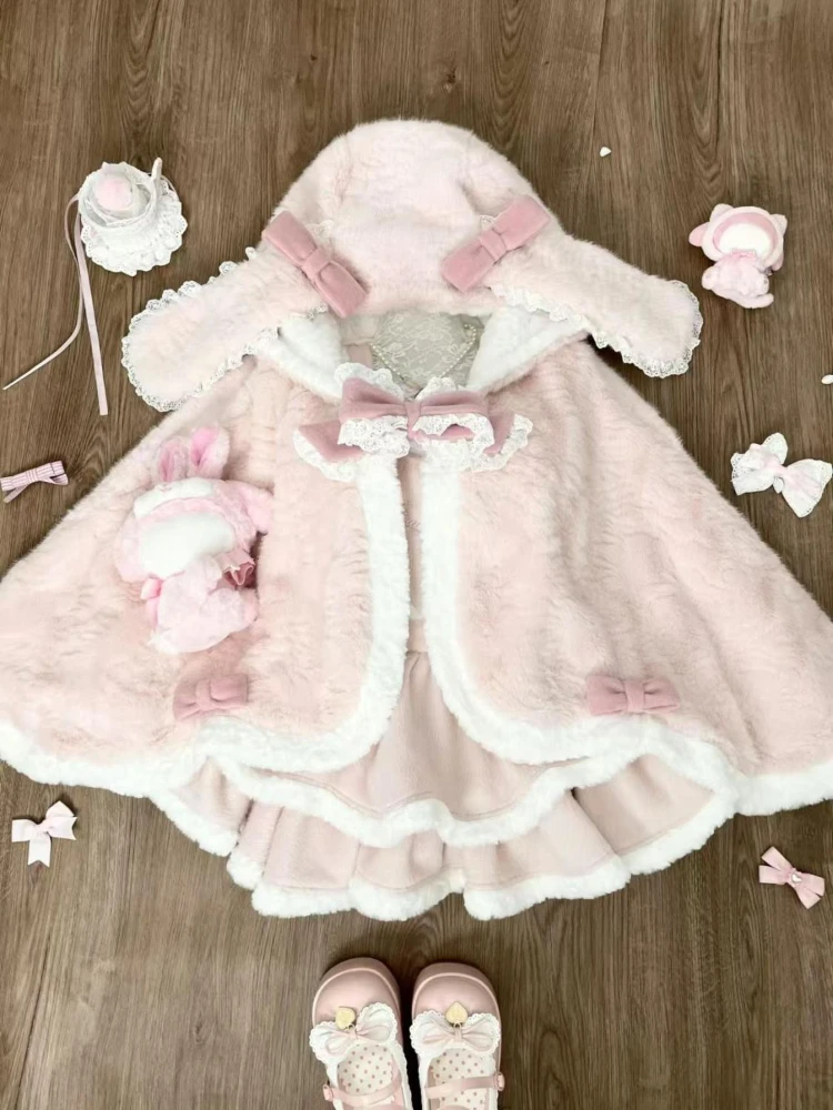 Японский Sweet Kawaill костюмы из трех предметов женская накидка с капюшоном пальто +