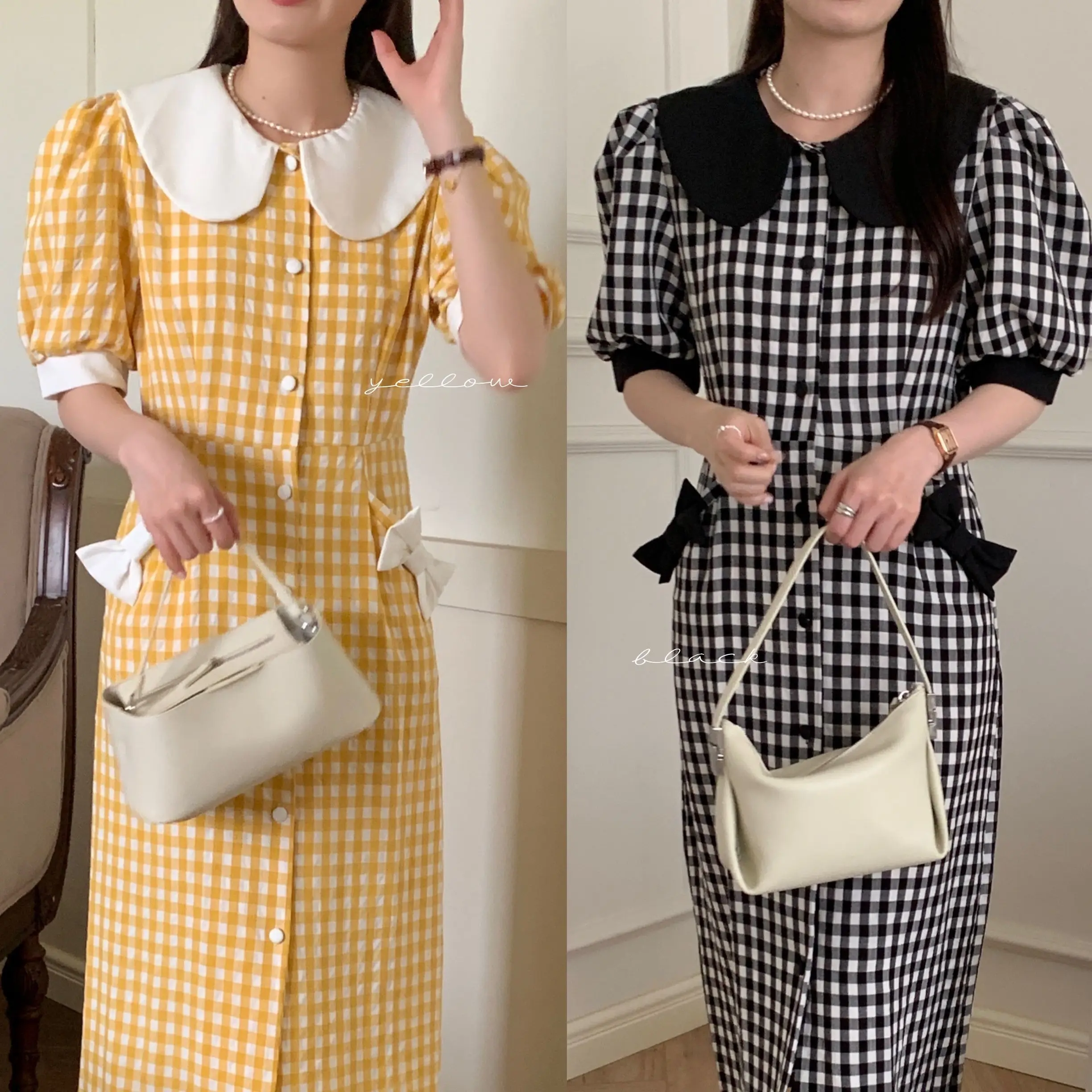 

COIGARSAM Summer Dress Women 2022 French Style Vintage Plaid Bow High Waist Yellow Black Grid Dresses Dropshipping