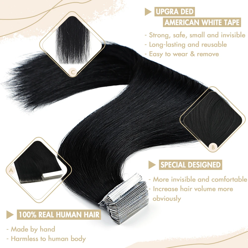 ВЛАСЫ 20ШТ. Лента из кожи PU для волос Remy Pure Natural Straight 16/20/24 дюйма, клейкая невидимая 100% человеческая пучок для женщин.