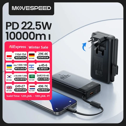 MOVESPEED MSP17 Power Bank 10000 мАч 22,5 Вт Портативное быстрое зарядное устройство и аккумулятор в одном Powerbank со складной вилкой европейского стандарта для смартфона