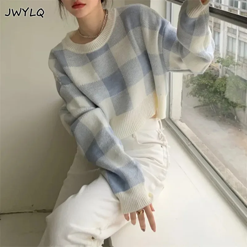 

Укороченный свитер в Корейском стиле с принтом в клетку и круглым вырезом, пуловер в стиле преппи, женские простые милые свитеры, Женский студенческий свитер