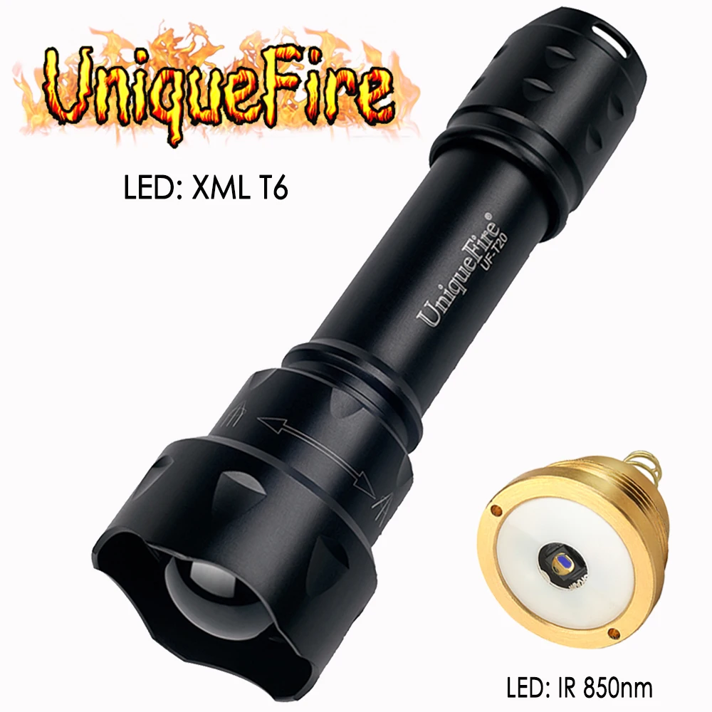 

UniqueFire 1200LM Flashlight T20 XML T6 Zoom 5 Modes Rechargeable Lamp Torch with 3 Changeable Drop-in IR 850nm Led Pill
