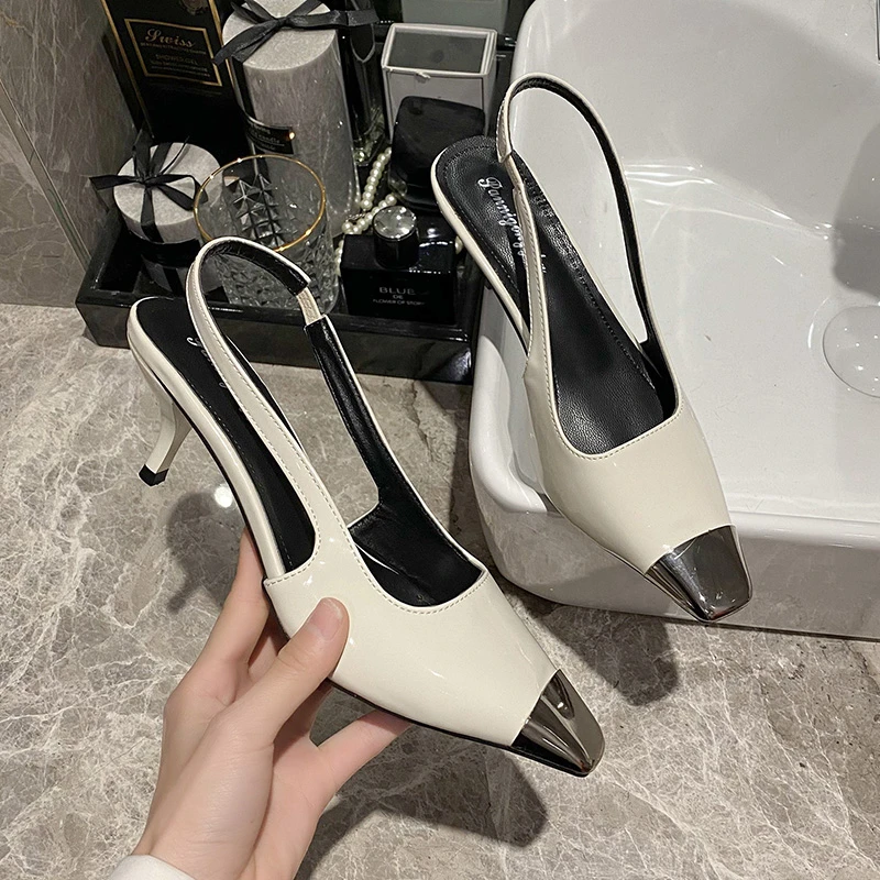 

High Heels New Summer Metal Small Square Head Shallow Mouth Sandals Female Stiletto Black Sexy Women's Shoes Sandals 2023